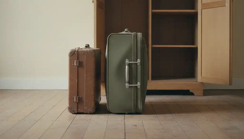 Two closed suitcases of clearly different ages stand side by side on a bare wooden bedroom floor beside an empty wardrobe with its doors open.